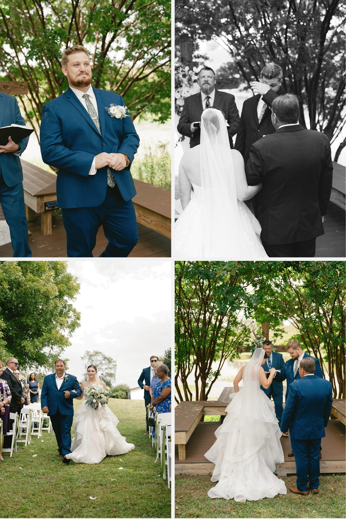 Groom seeing bride for the first time walking down the aisle, NC wedding photography capturing the moment.
