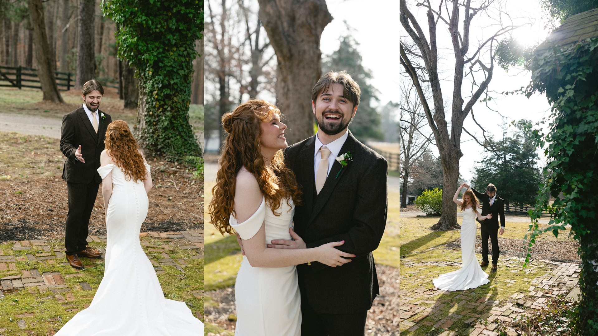 Bride and groom sharing an emotional first look before their ceremony, North Carolina wedding photography.