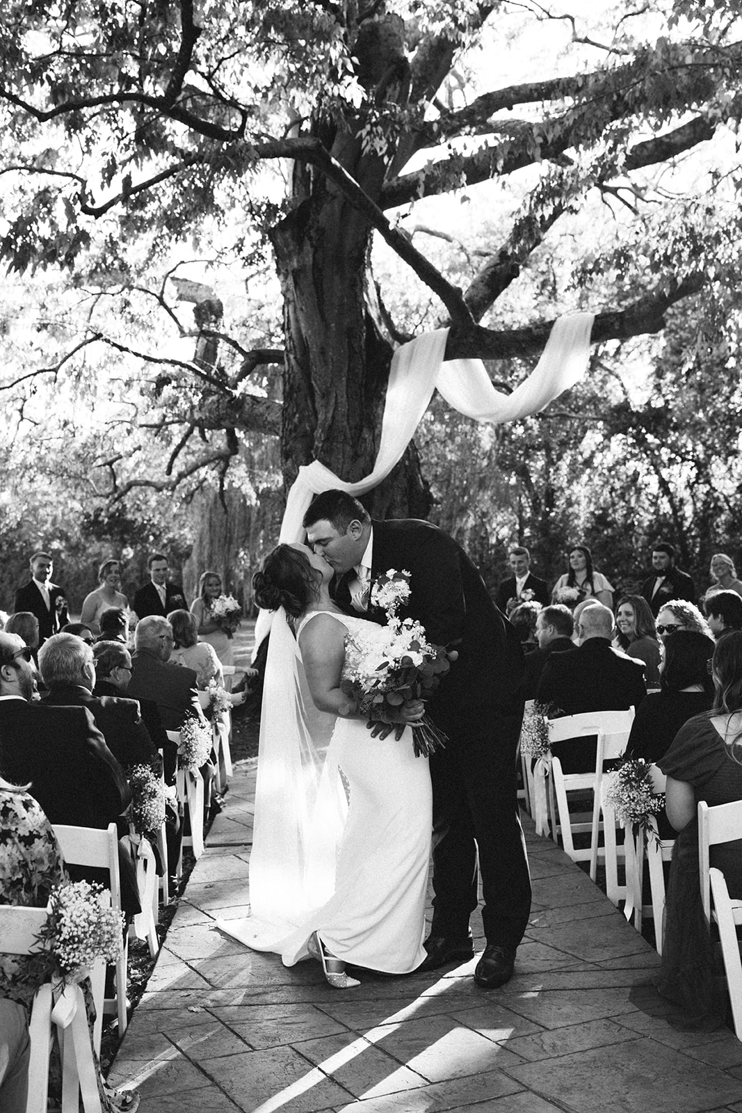 A bride and groom share a kiss during their outdoor wedding ceremony, with a large tree draped in white fabric and guests standing nearby. | How to Choose a Wedding Photographer