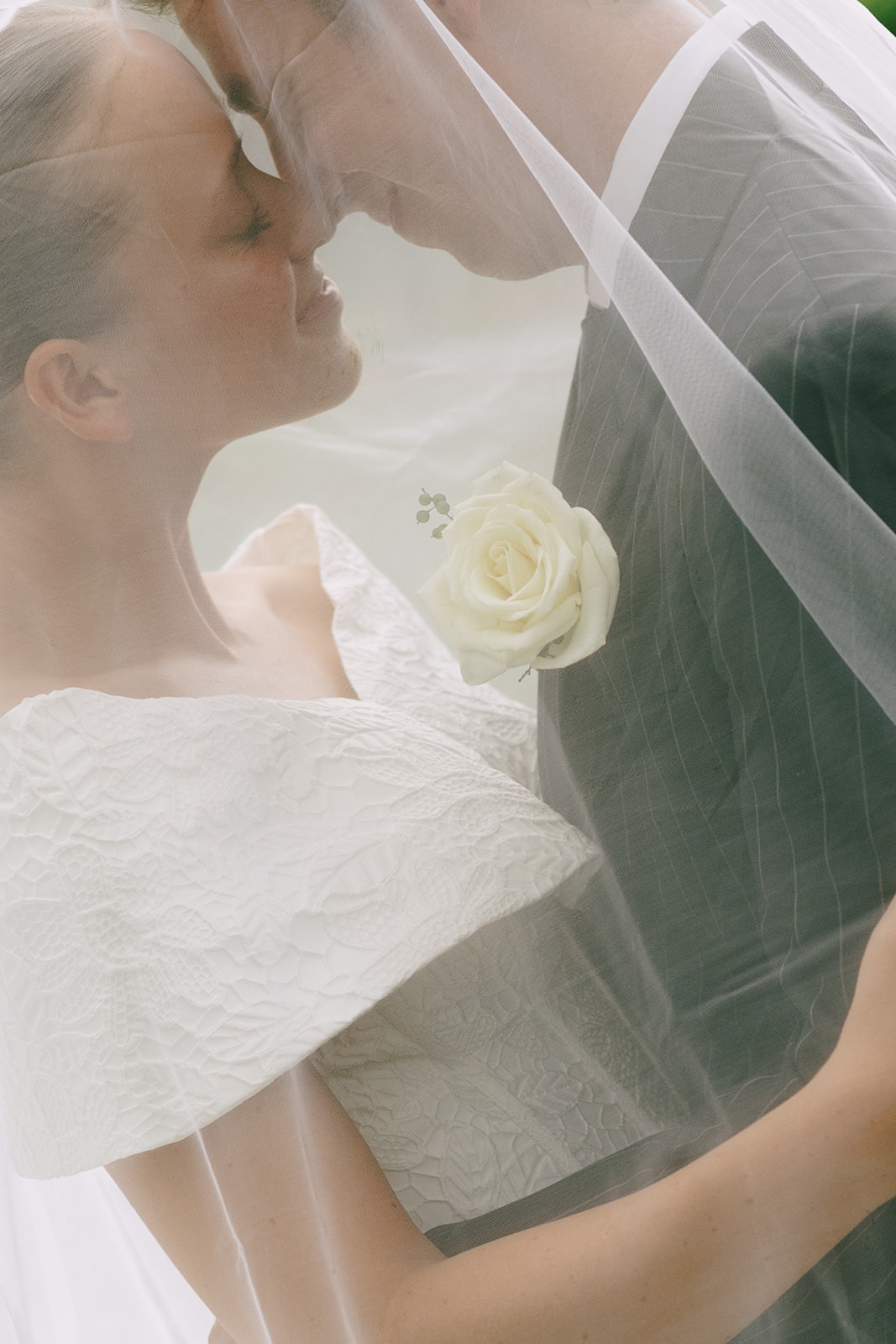 A bride in a white gown and veil stands next to a groom in a dark pinstriped suit, posing outdoors in a green vineyard setting.