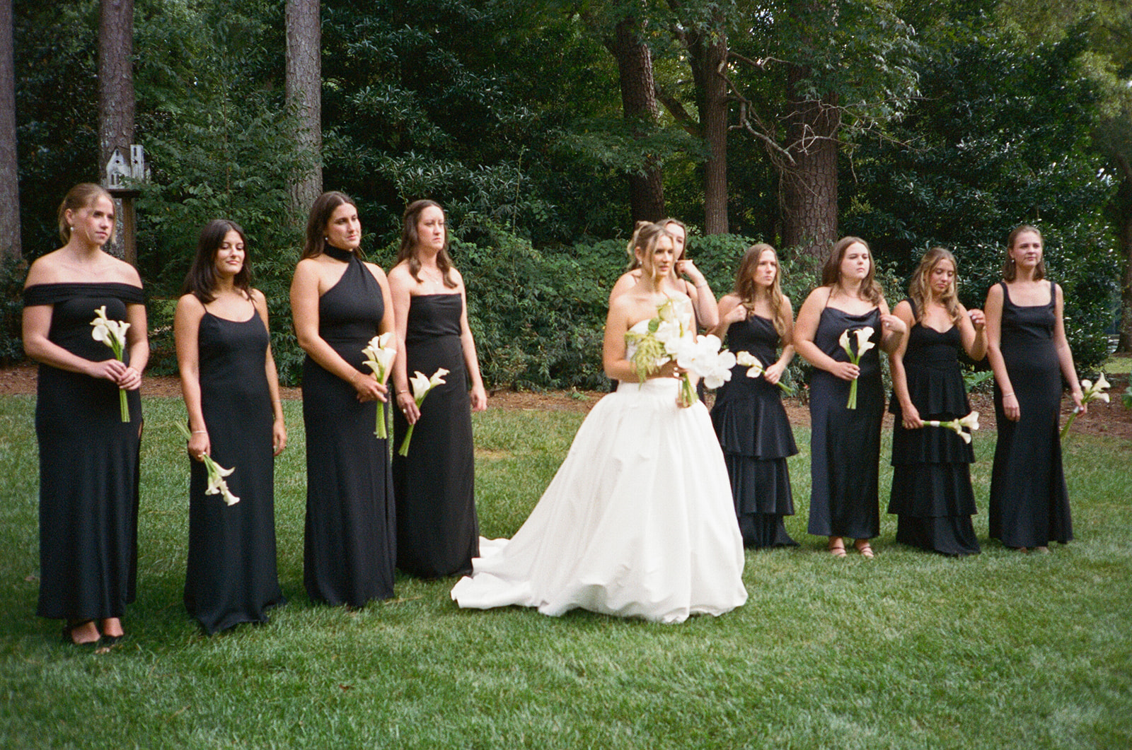 A bride in a white strapless gown stands outdoors among bridesmaids wearing black dresses, holding small bouquets, with trees in the background for a Charleston wedding