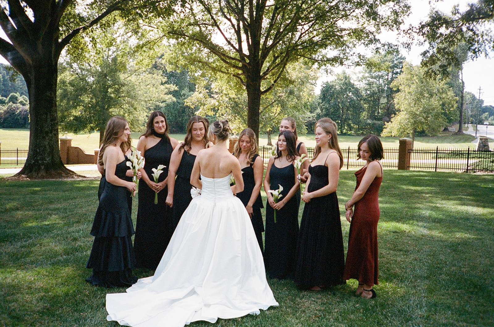 A bride in a white strapless gown stands outdoors among bridesmaids wearing black dresses, holding small bouquets, with trees in the background for a Charleston wedding