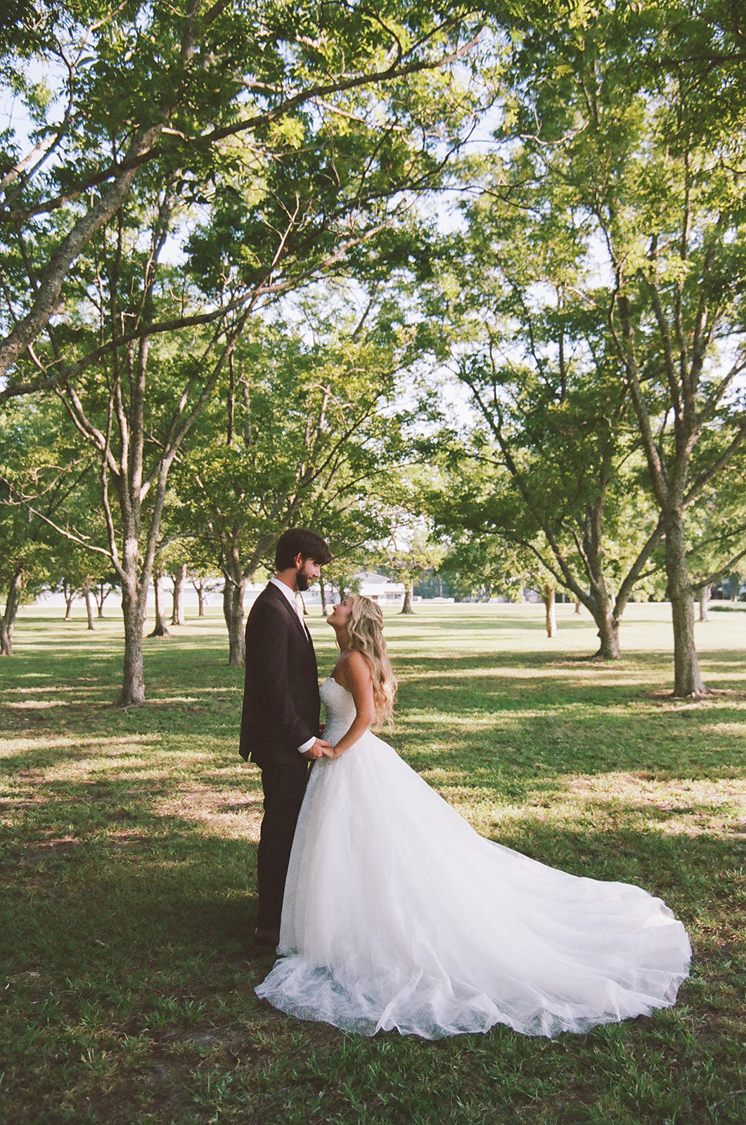 A bride in a white strapless gown and a groom in a dark suit hold hands and walk outdoors on grass, surrounded by green trees and sunlight.